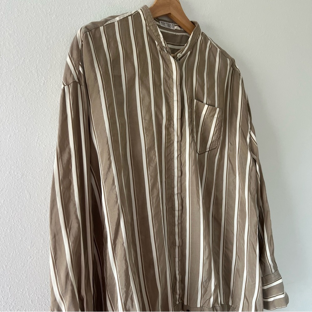 Brunello Cucinelli Beige and White Striped Silk Blouse - Picture 4 of 9